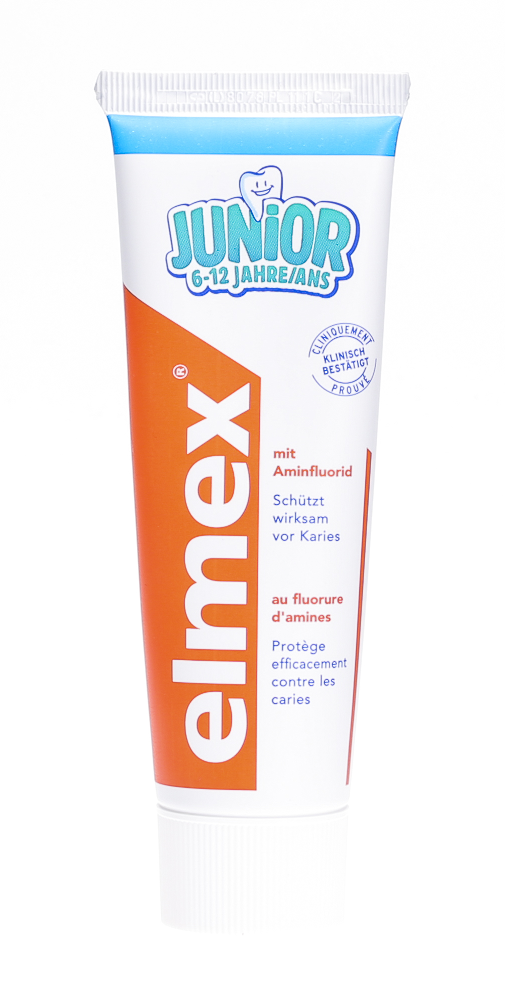 Elmex Junior dentifricio, a base di fluoruro di ammina, è adatto per bambini  dai 6 ai 12 anni.